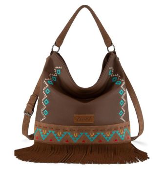 WG233-2001 BR Wrangler Aztec Embroidered Fringe Large Hobo/Crossbody