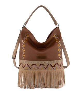 WG233-2001 LBR Wrangler Aztec Embroidered Fringe Large Hobo/Crossbody
