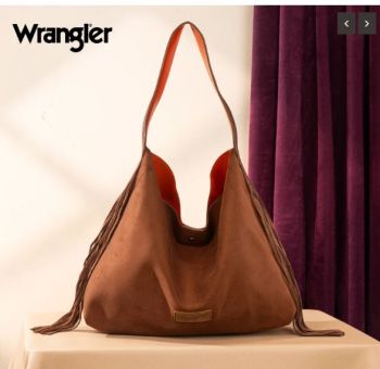 WG239-9182 BR Wrangler Fringe Floral Tooled Hobo Bag