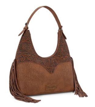 WG265-3027 BR Wrangler Fringe Floral Tooled Hobo Bag