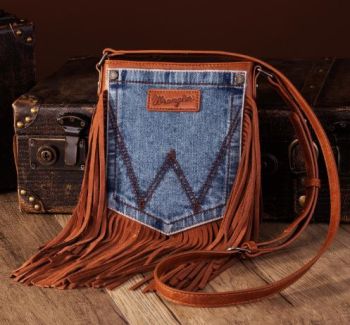 WG44-8360 BR  Wrangler Leather Fringe Jean Denim Pocket Crossbody