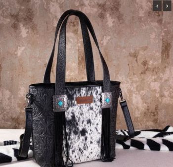 WG66-G2002 BK Wrangler Hair-On Cowhide Vintage Floral Concealed Carry Tote