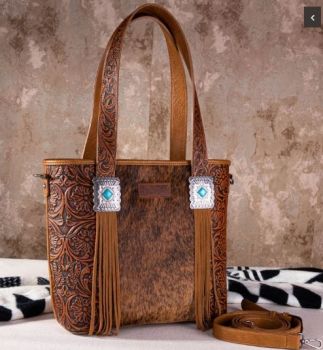 WG66-G2002 BR Wrangler Hair-On Cowhide Vintage Floral Concealed Carry Tote