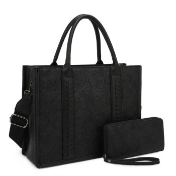 ZS-31089 BK/BK EMBOSSED BAG WITH WALLET