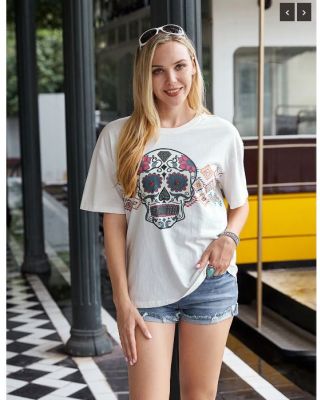 AB-T6009WT （Prepack 7 Pcs）Sugar Skull And Aztec With Rhinestones Women Short Sleeve