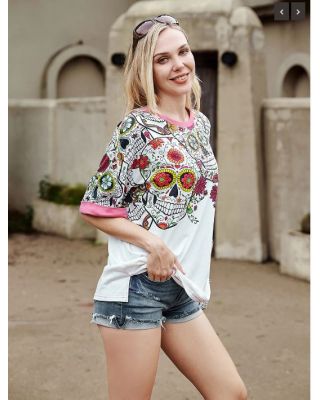  AB-T6006 WT （Prepack 7 Pcs）Sugar Skull With Rhinestones Women Short Sleeve T-Shirt