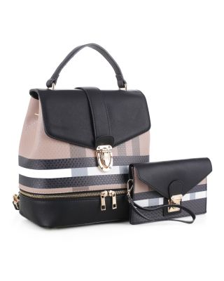 DX91045 BR/BK PLAID BACKPCK HANDBAG WITH WALLET