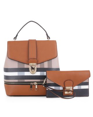 DX91045 BR/BR PLAID BACKPCK HANDBAG WITH WALLET