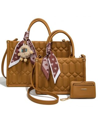 PU25528-T3 BR 2 HANDBAG WITH 1 WALLET SET