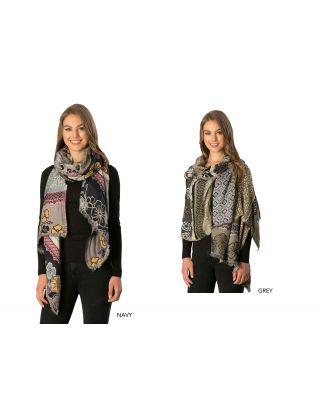 CS7235/NV FLOWER&COLOR BLOCK OBLONG SCARF