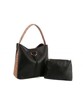 DV-0677 BK Leopard Colorblock D-ring 2-in-1 Shoulder Bag Hobo
