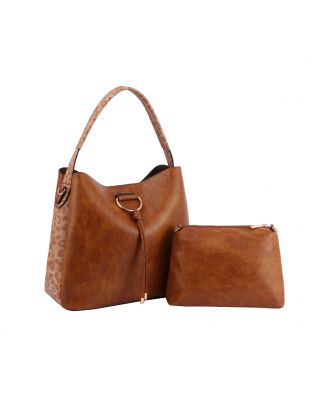 DV-0677 BR Leopard Colorblock D-ring 2-in-1 Shoulder Bag Hobo