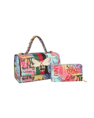 HGSF-0105W MT4 Graffiti Queen Bee Stripe 2-in-1 Boxy Satchel