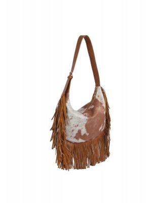 JY-0569 BR COW PRINTED FRINGE HOBO BAG