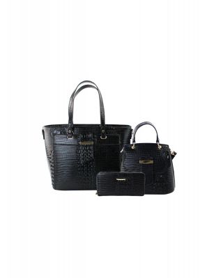 LMD003-Z BLK CROCODILE LEATHER BAG, CROSSBODY AND PURSE SET 3PC SET