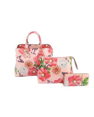 LY096-1W BS 3IN1 FLORAL PRINT TEXTURE  BAG WITH WALLET SET