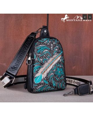MW1133 210 BK  Montana West Embroidered Feather Cut-Out Floral Sling Bag