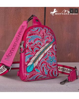 MW1133 210 HPK  Montana West Embroidered Feather Cut-Out Floral Sling Bag