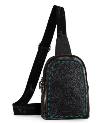 MW1324G-2101 BK Montana West Floral Tooled Genuine Cowhide Hair-On Trimmed Sling Bag
