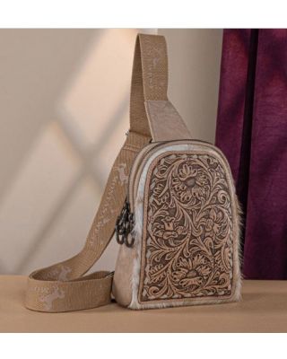 MW1324G-2101 TN Montana West Floral Tooled Genuine Cowhide Hair-On Trimmed Sling Bag