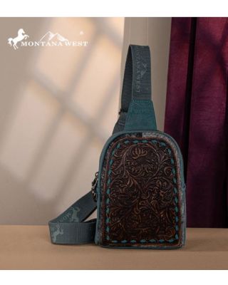 MW1324G-2101 TQ Montana West Floral Tooled Genuine Cowhide Hair-On Trimmed Sling Bag