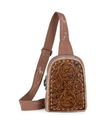 MW1324G-2101 PK Montana West Floral Tooled Genuine Cowhide Hair-On Trimmed Sling Bag