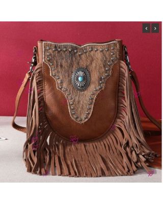 MW1243-8369 BR Montana West Hair-On Cowhide Fringe Crossbody