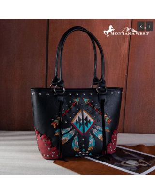 MW1246G-8317 BK Montana West Embroidered Arrow Feather Collection Concealed Carry Tote