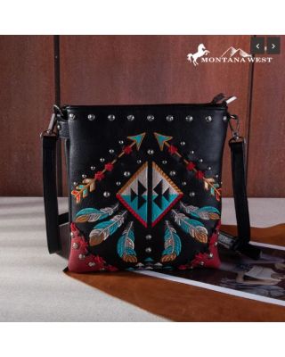 MW1246G-9360 BK Montana West Embroidered Arrows Feather Collection Concealed Carry Crossbody