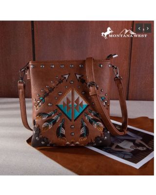 MW1246G-9360 BR Montana West Embroidered Arrows Feather Collection Concealed Carry Crossbody