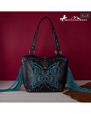 MW1247G-8317 BK Montana West Embroidered Fringe Collection Concealed Carry Boot Purse Tote