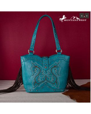 MW1247G-8317 TQ Montana West Embroidered Fringe Collection Concealed Carry Boot Purse Tote