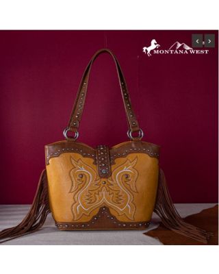MW1247G-8317 MST Montana West Embroidered Fringe Collection Concealed Carry Boot Purse Tote