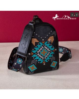 MW1248-210 BK Montana West Embroidered Aztec Collection Sling Bag