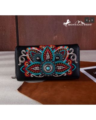 MW1258-W010 BK Montana West Embroidered Tribal Mandala Collection Wallet