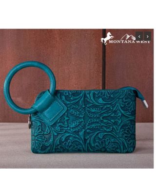 MW1260-B181 TQ  Montana West Floral Tooled Ring Handle Wristlet Clutch Bag