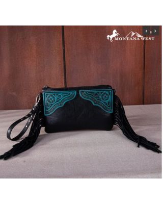 MW1262-181 BK Montana West Floral Tooled Fringe Wristlet Clutch/Crossbody Bag