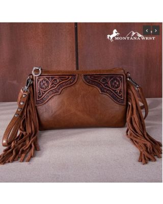 MW1262-181 BR Montana West Floral Tooled Fringe Wristlet Clutch/Crossbody Bag