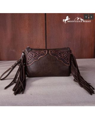 MW1262-181 CF Montana West Floral Tooled Fringe Wristlet Clutch/Crossbody Bag