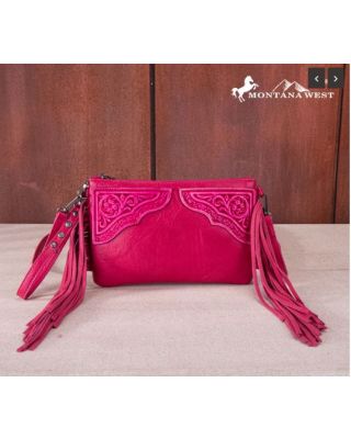 MW1262-181 HPK Montana West Floral Tooled Fringe Wristlet Clutch/Crossbody Bag