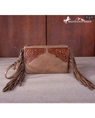 MW1262-181 KH Montana West Floral Tooled Fringe Wristlet Clutch/Crossbody Bag