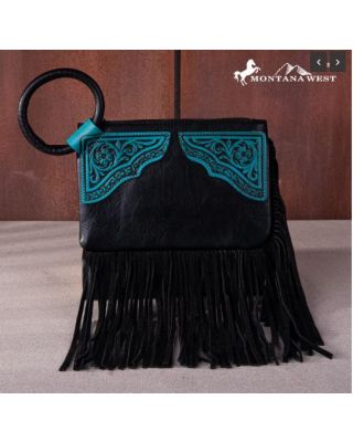 MW1262-A181 BK  Montana West Floral Tooled Fringe Ring Handle Wristlet Clutch Bag