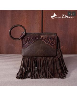 MW1262-A181 CF  Montana West Floral Tooled Fringe Ring Handle Wristlet Clutch Bag