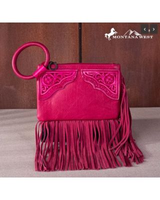 MW1262-A181 HPK  Montana West Floral Tooled Fringe Ring Handle Wristlet Clutch Bag