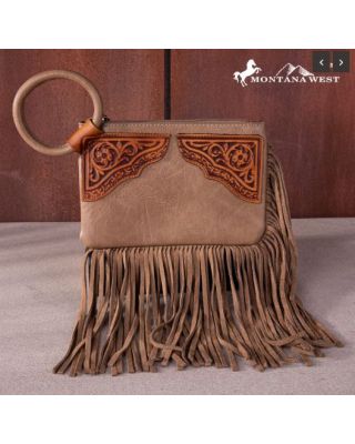 MW1262-A181 KH  Montana West Floral Tooled Fringe Ring Handle Wristlet Clutch Bag