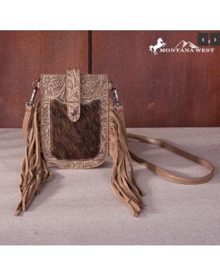 MW1263-200 KH Montana West Hair-On Cowhide Fringe Phone Wallet Crossbody