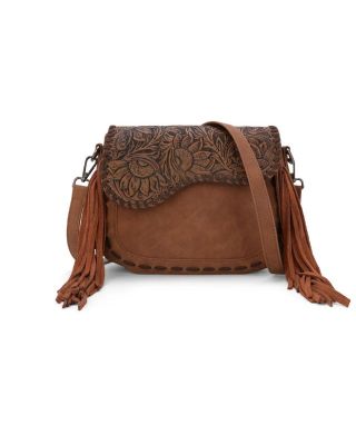 MW1274-8360 BR Montana West Tooled Saddle Fringe Crossbody