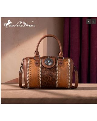 MW1322-8800 BR Montana West Tooled Concho Barrel Satchel Bag/Crossbody