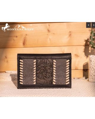 MW1322-W048 BK Montana West Tooled Floral Bi-Fold Wallet
