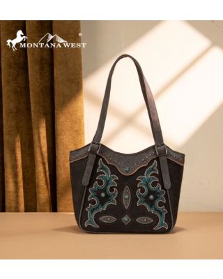 MW1344-8250 BK Montana West Embroidered Boot Scroll Tote